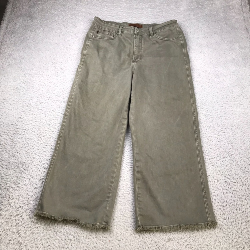 Judy Blue Wide Leg Crop Jeans Womens 15/32 (33x24) Washed Green Fray Hem Stretch